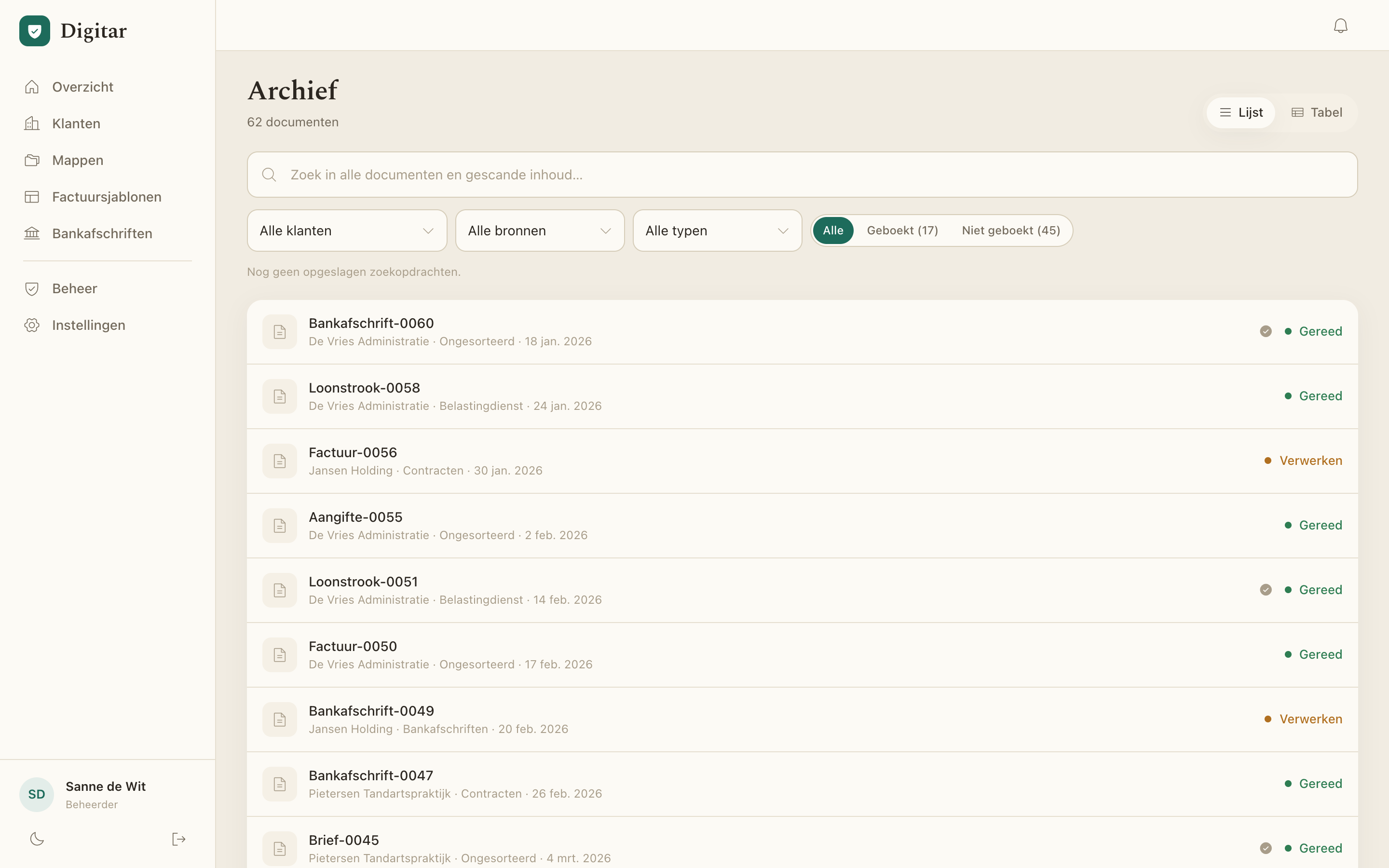 Doorzoekbaar archief met mappen en documenttypes
