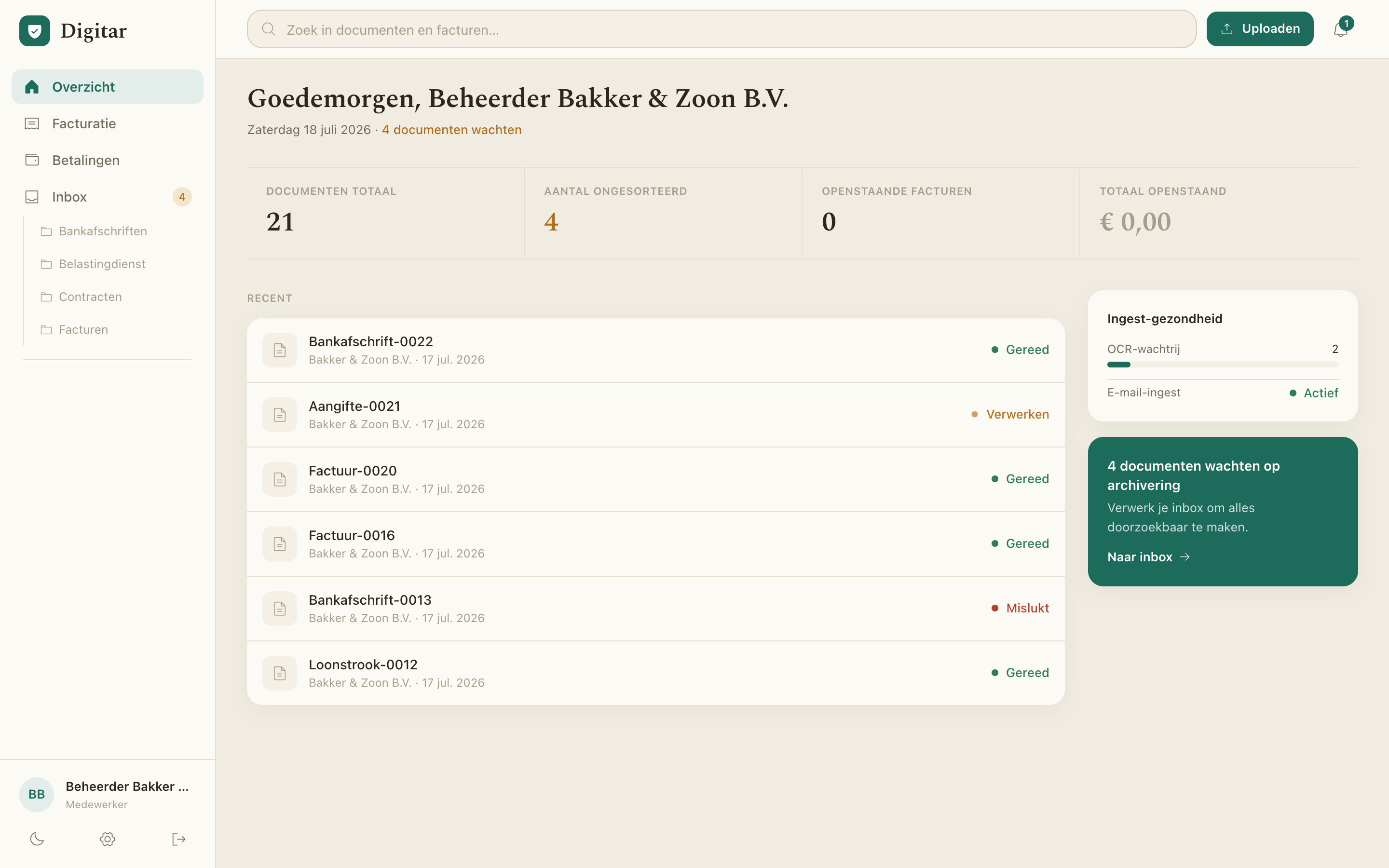 Digitar-dashboard met recente documenten en openstaande taken