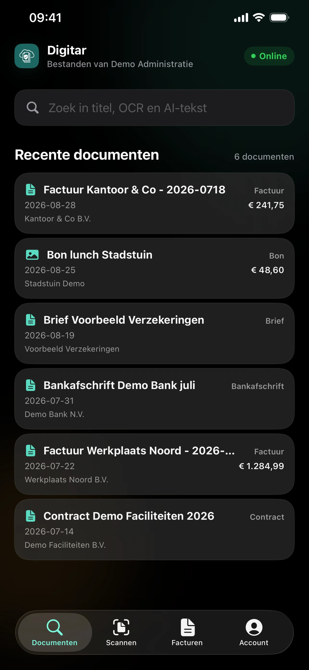 Digitar iOS-app: zoeken in documenten met relaties en bedragen