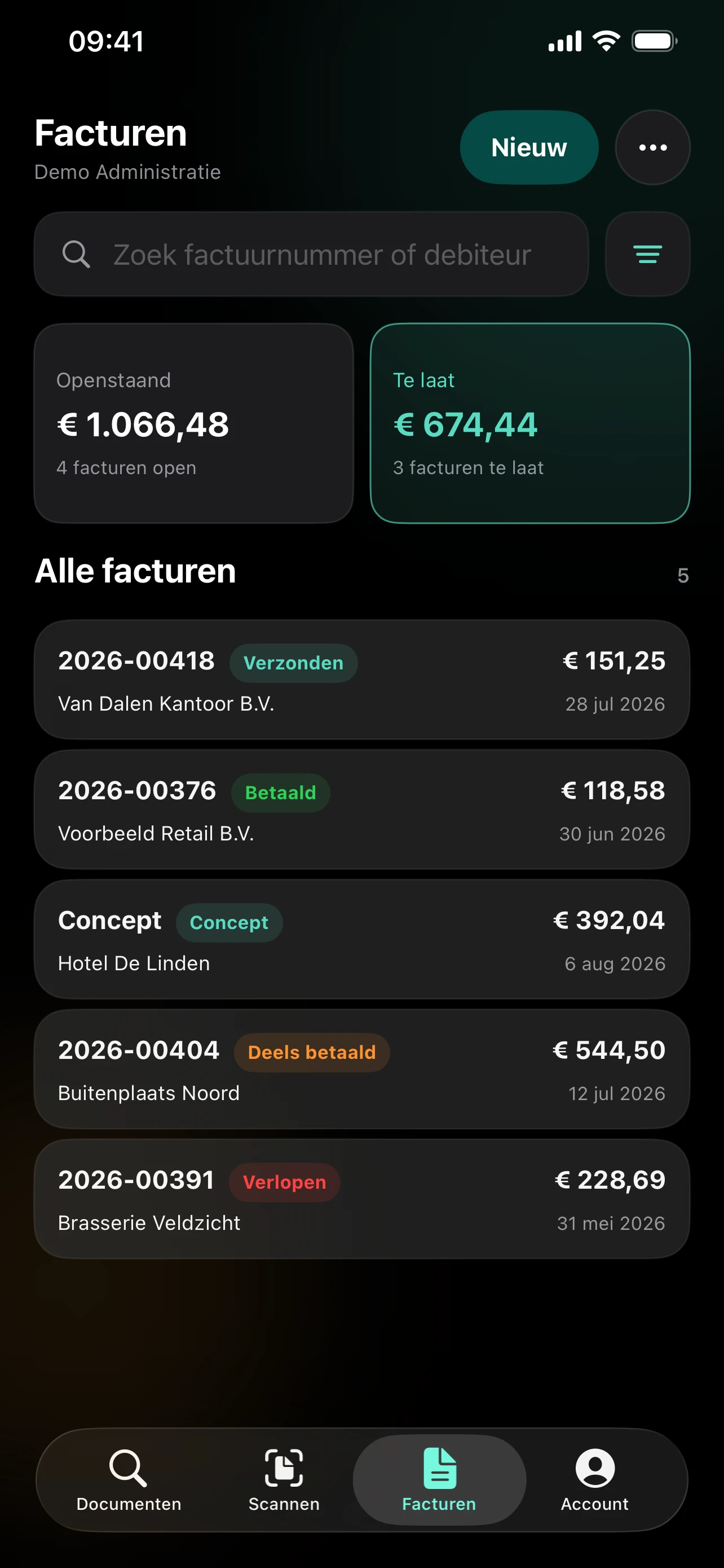 Digitar iOS-app: factuuroverzicht met openstaande en betaalde facturen