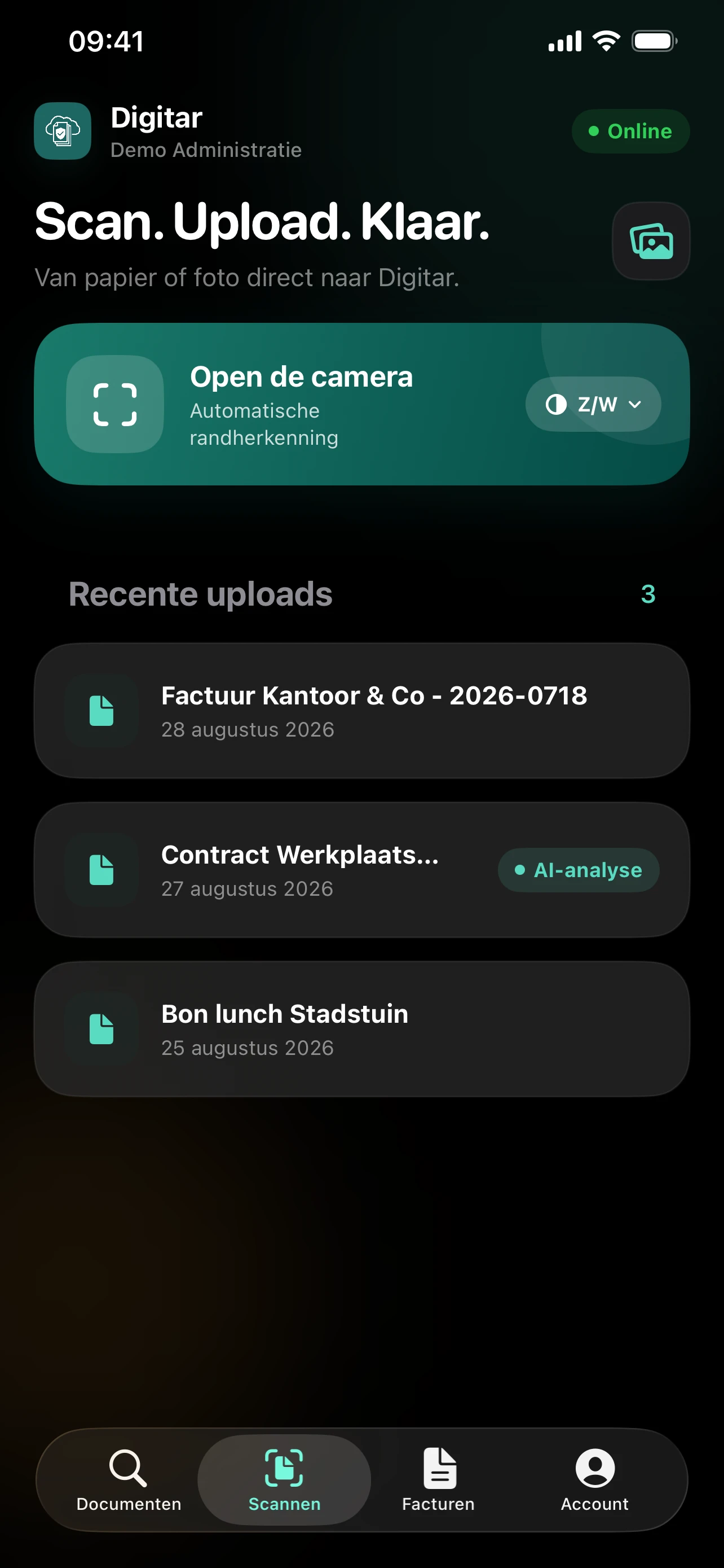 Digitar iOS-app: scannen en recente uploads in een voorbeeldadministratie